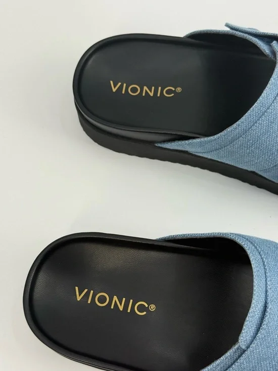 Vionic Riviera Platform Blue Denim Double Strap Slide Sandals Adjustable Velcro - Picture 9 of 15